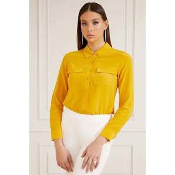 Guess by Marciano Top Blouse Womens XS Yellow Long Sleeve Button Up Silk Preppy - Picture 1 of 13